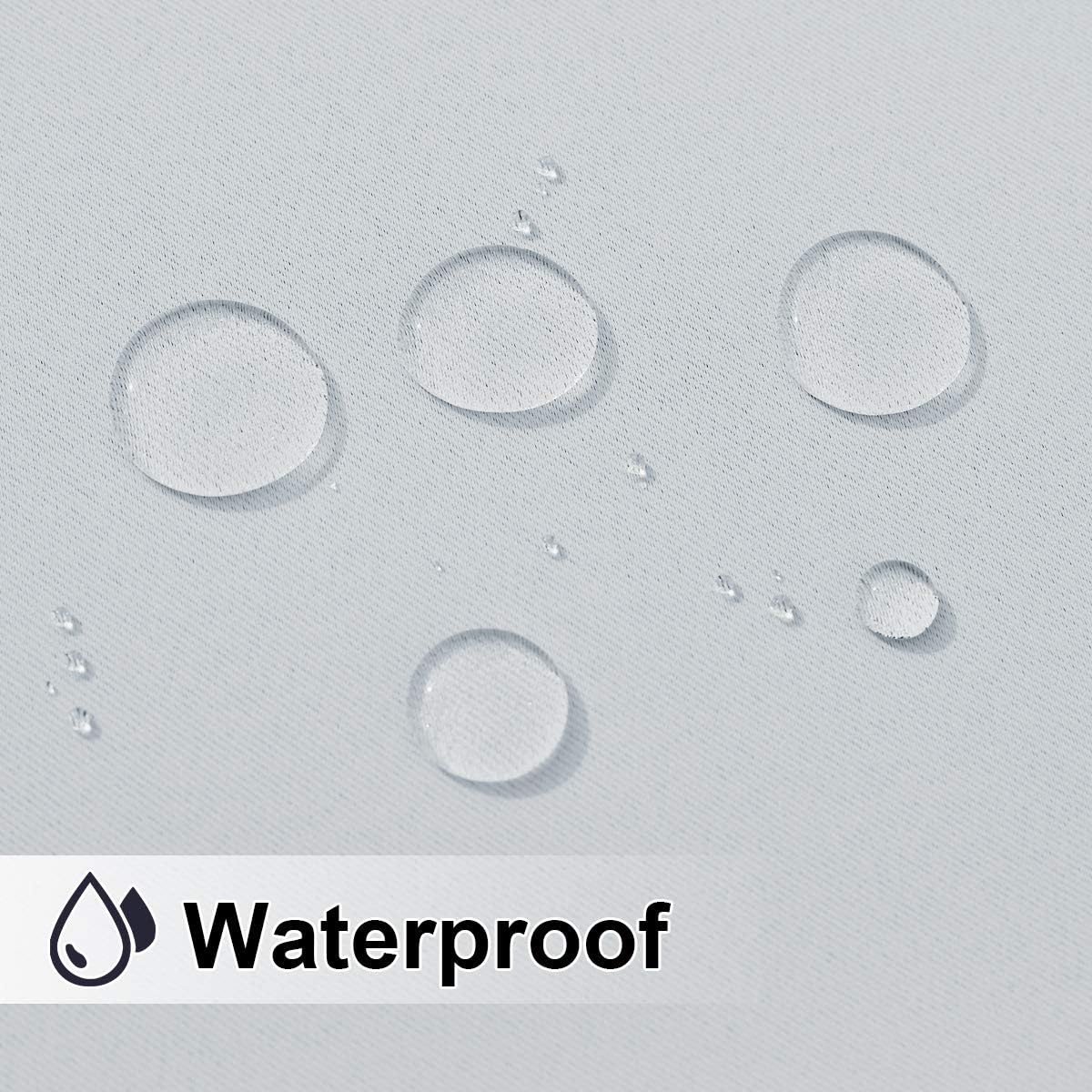 Light grey fabric with water droplets beading up, visibly showing its waterproof quality. Includes 'Waterproof' text.