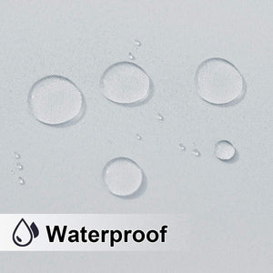Light grey fabric with water droplets beading up, visibly showing its waterproof quality. Includes 'Waterproof' text.