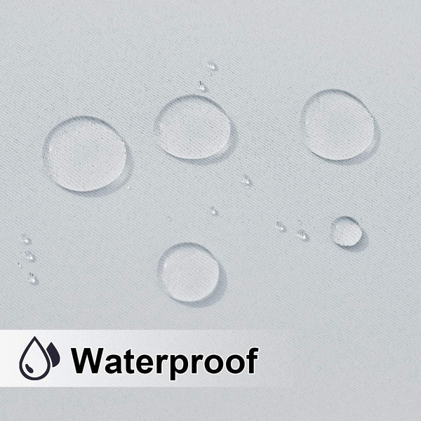 Light grey fabric with water droplets beading up, visibly showing its waterproof quality. Includes 'Waterproof' text.