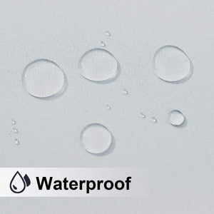 Light grey woven fabric surface with clear water droplets beading, clearly demonstrating its waterproof quality.