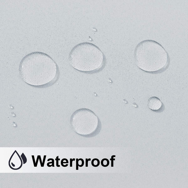 Light grey woven fabric surface with clear water droplets beading, clearly demonstrating its waterproof quality.