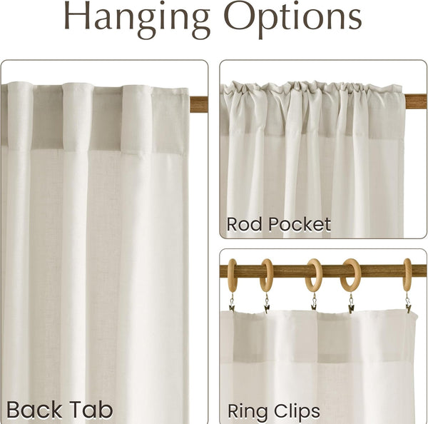 Close-up of an off-white linen textured curtain demonstrating back tab, rod pocket, and ring clip hanging styles.