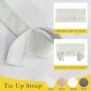 Light linen tie-up roman window shade, showing two styling options: simple fold and decorative bowknot.