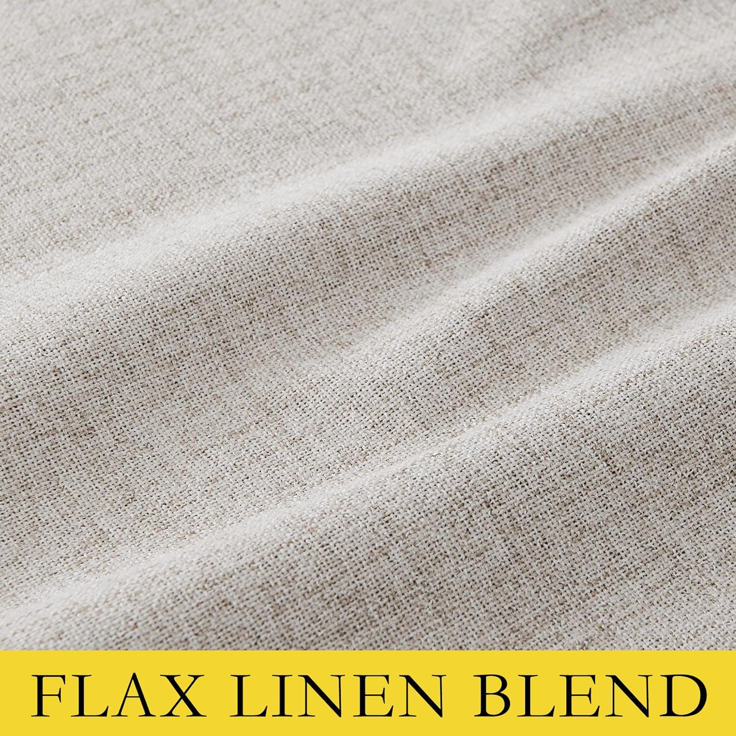 Close-up of natural light beige flax linen blend fabric showing its visible woven texture and soft drapes.