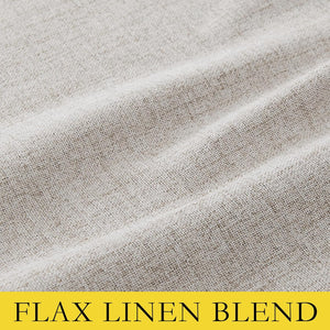 Close-up of natural light beige flax linen blend fabric showing its visible woven texture and soft drapes.