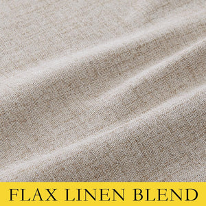 Close-up of a light oatmeal flax linen blend fabric with visible woven texture and soft folds.