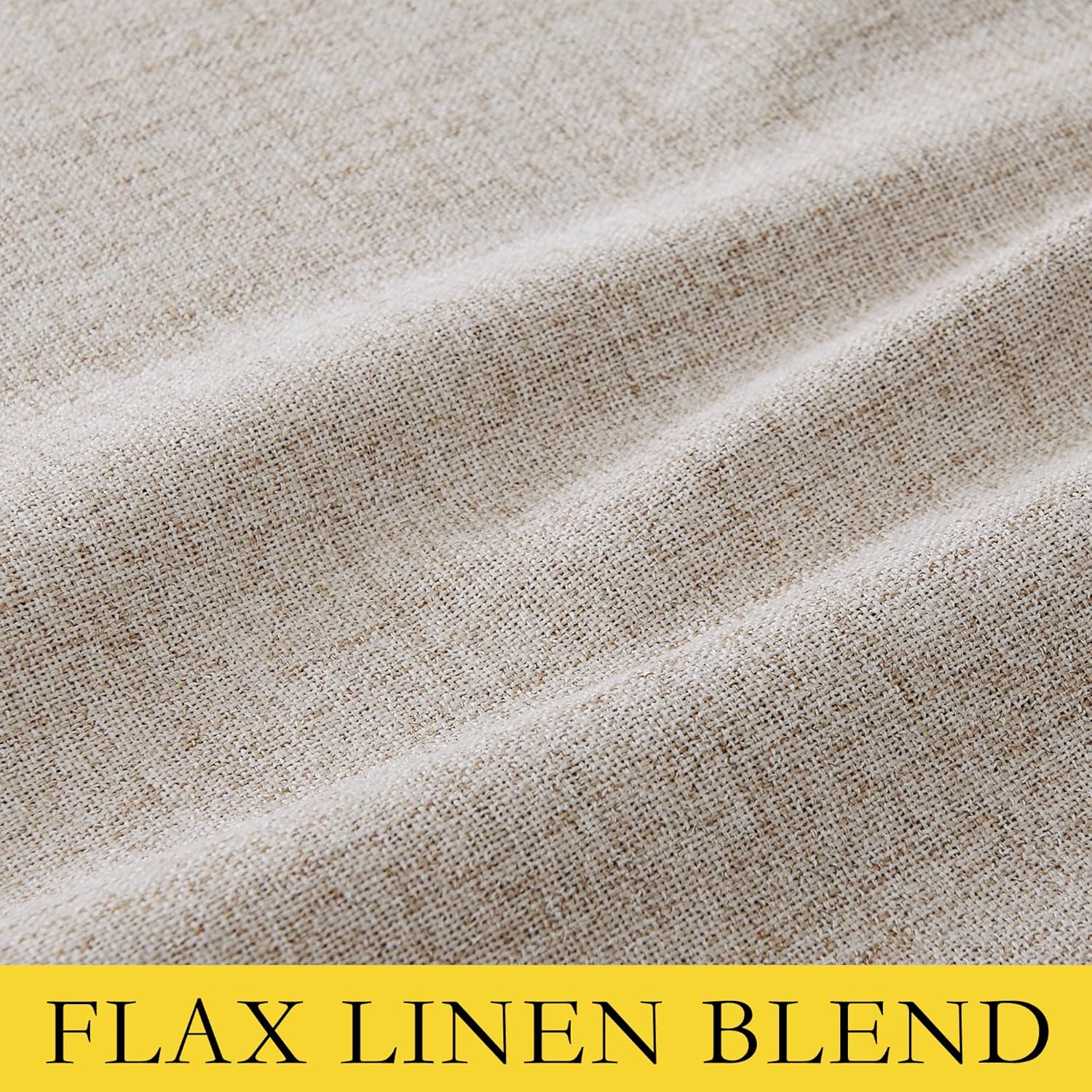 Close-up of a light oatmeal flax linen blend fabric with visible woven texture and soft folds.