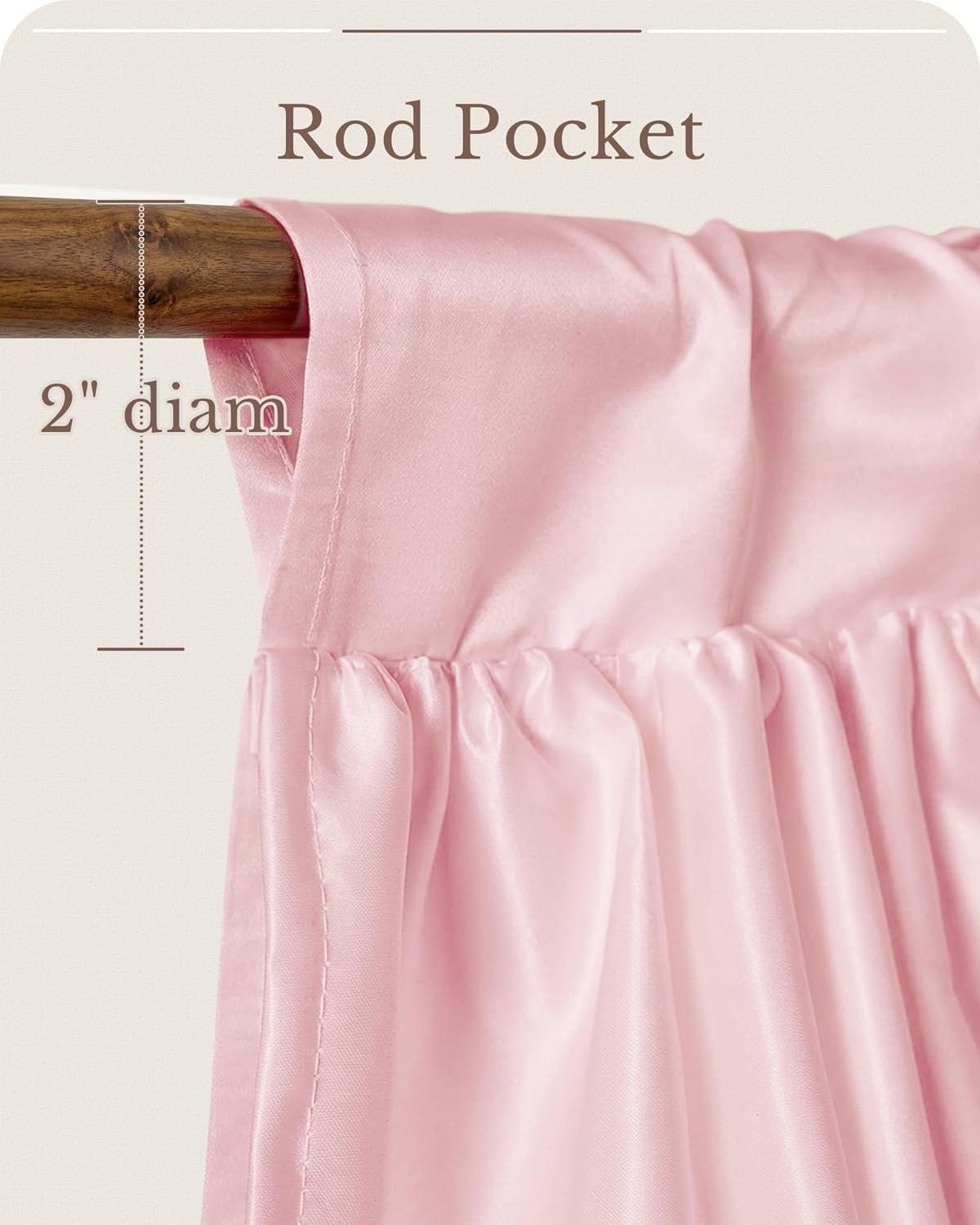 Close-up of a light pink satin curtain featuring a rod pocket top, designed for a 2-inch diameter rod.