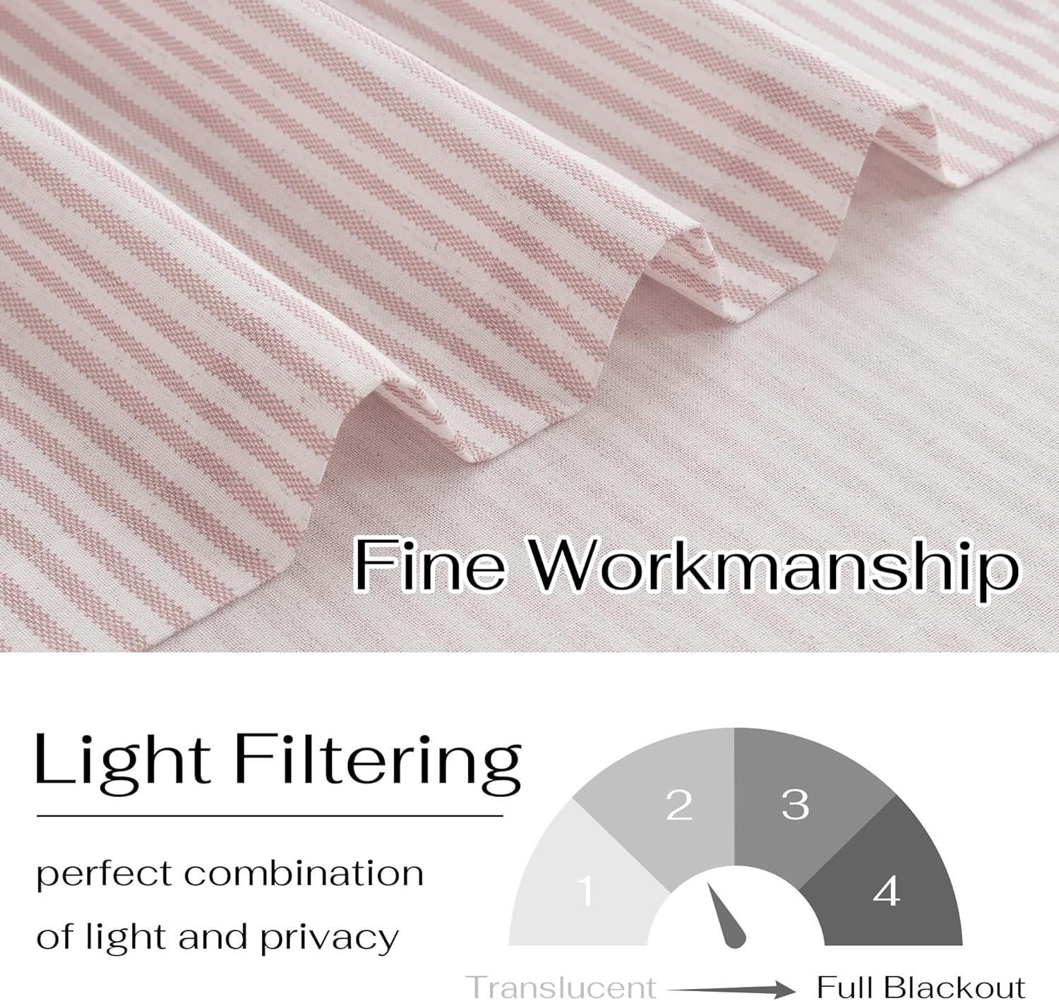 Close-up of light pink ticking stripe woven fabric, highlighting its texture and light filtering properties.