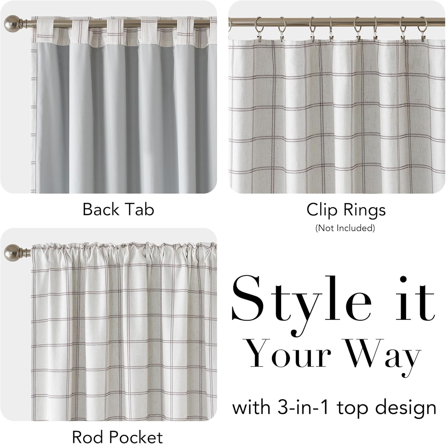 Light cream plaid curtain panel with three hanging options: back tab, rod pocket, and clip rings.