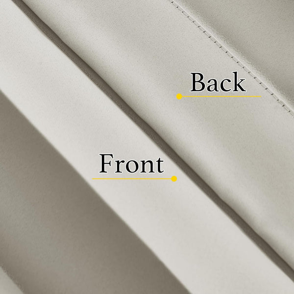 Close-up of light taupe dual-sided woven fabric, showing smooth front and back with visible stitching.