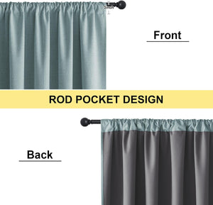 Light teal linen textured curtain front with 3-inch rod pocket. Gray blackout lining visible on the back.