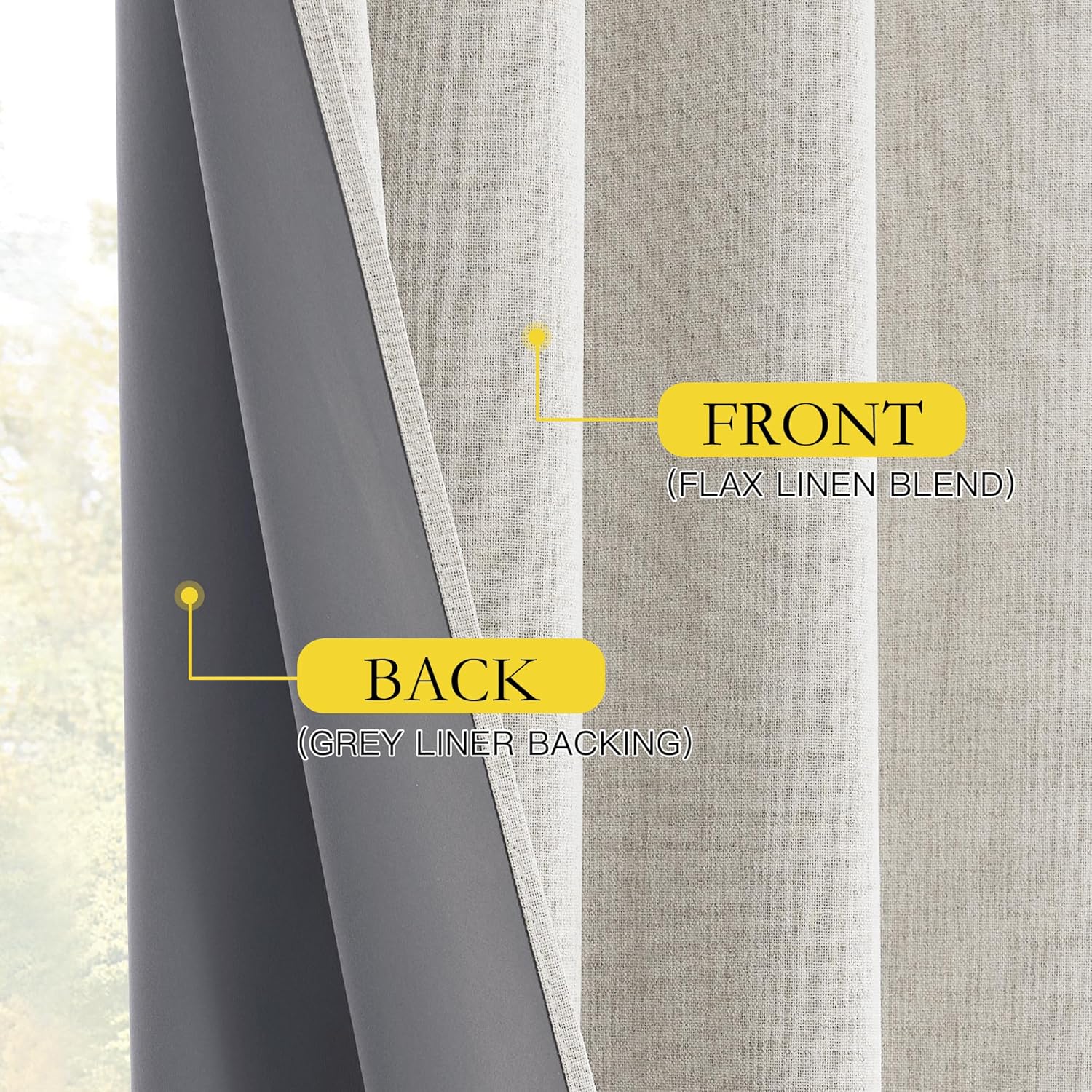 Light-colored textured flax linen blend curtain showing a smooth dark grey liner backing.