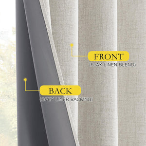 Light-colored textured flax linen blend curtain showing a smooth dark grey liner backing.