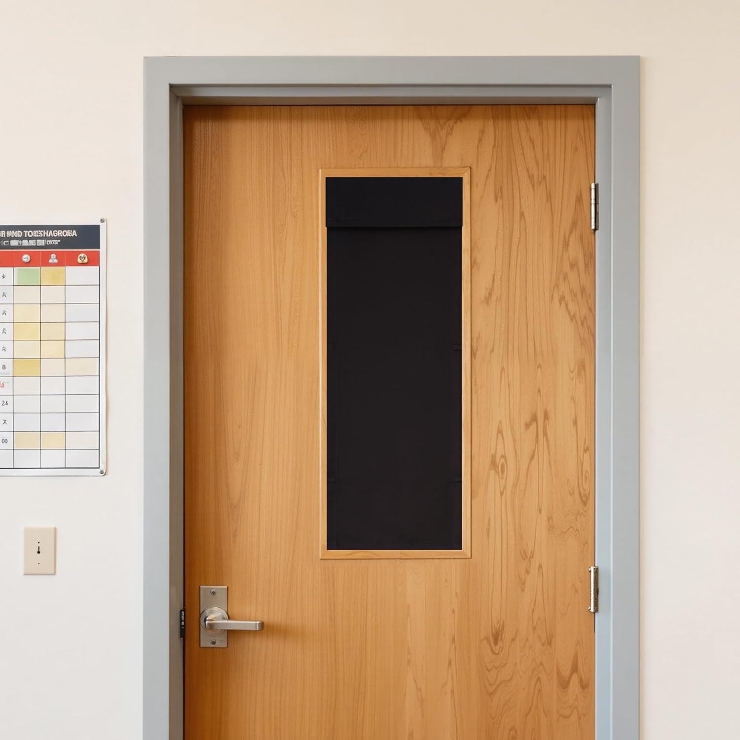 Light wooden door featuring a rectangular window obscured by a black privacy panel. Silver handle and gray frame.