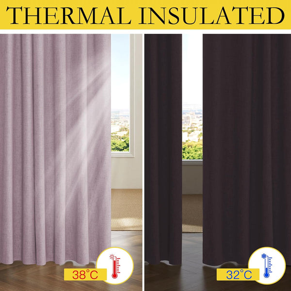 Two thermal insulated curtains, light lilac and dark brown, demonstrating cooling properties from 38°C to 32°C indoors.