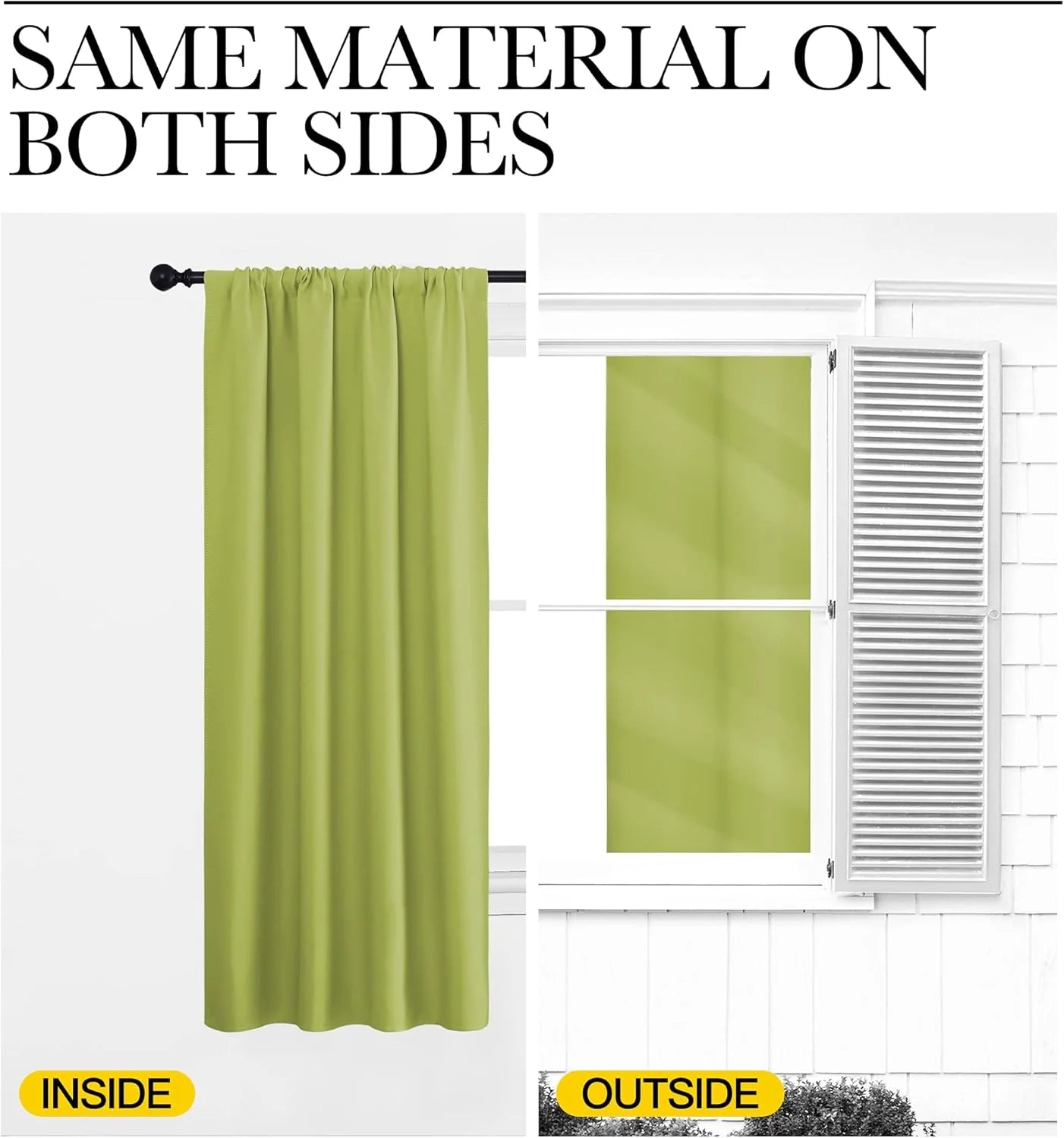 Lime green curtain panel shown inside and outside with same material on both sides