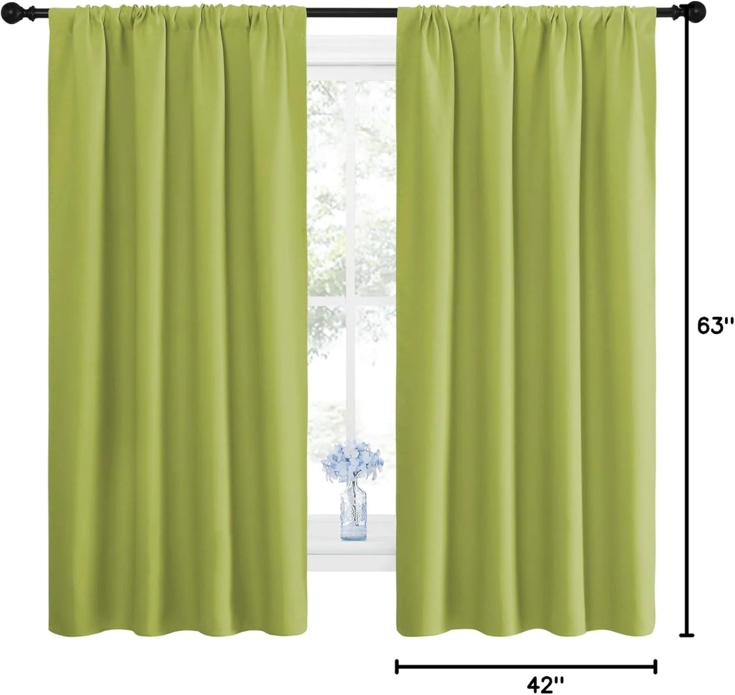 Lime green rod pocket curtain panels hanging on a black curtain rod over a window