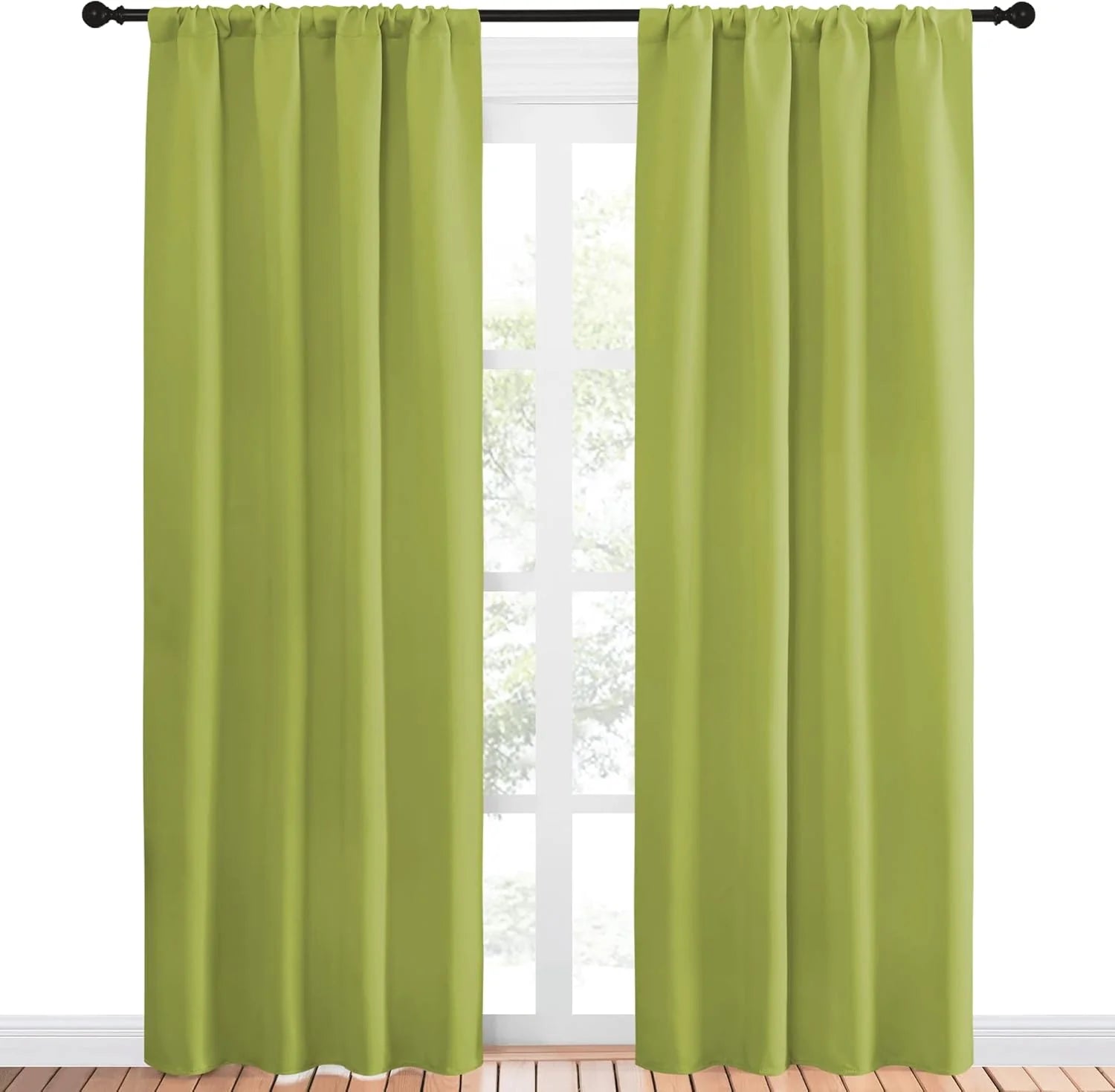 Pair of lime green solid rod pocket thermal curtains covering a bright window