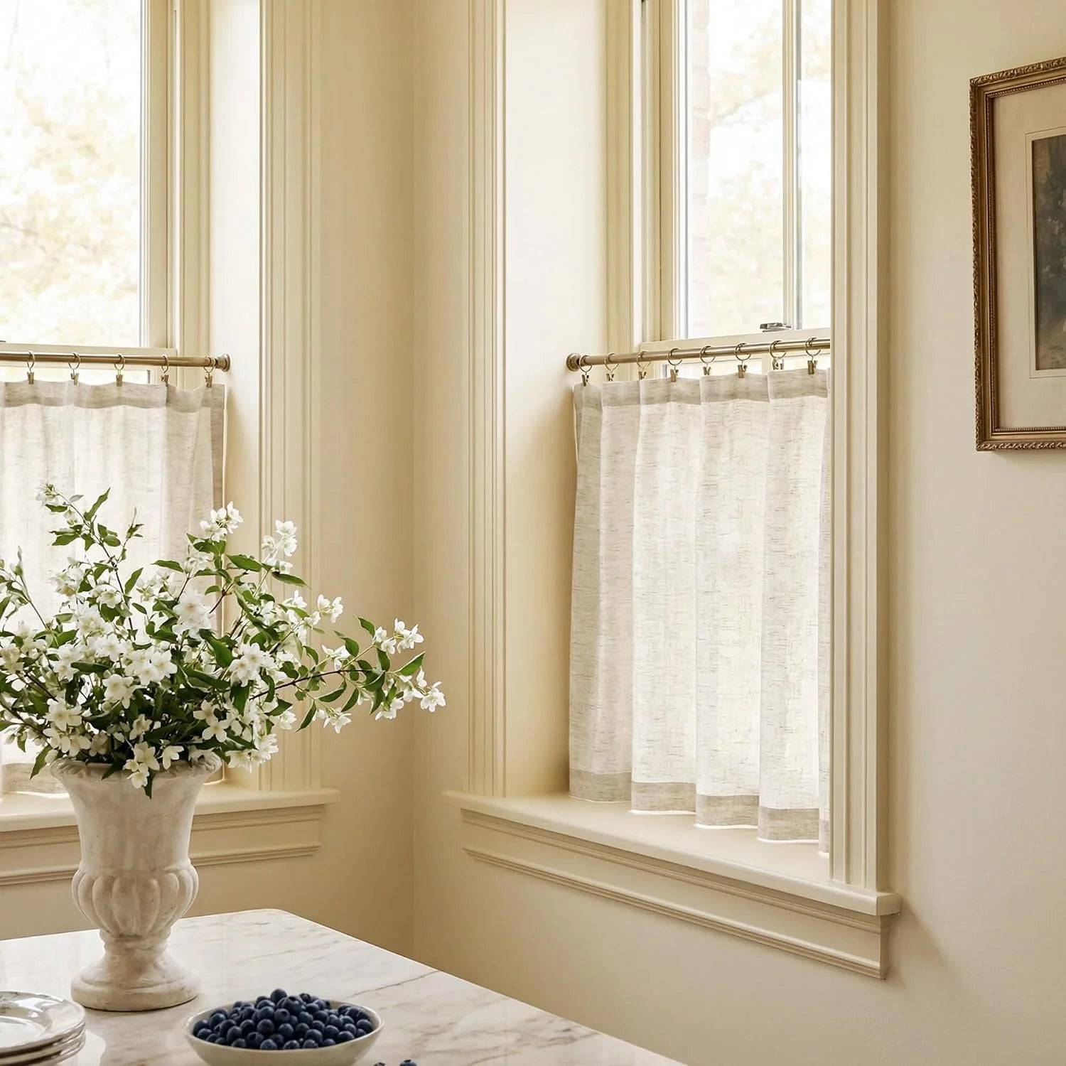 Light beige linen cafe curtains on brass rods in a bright kitchen corner with white flowers.