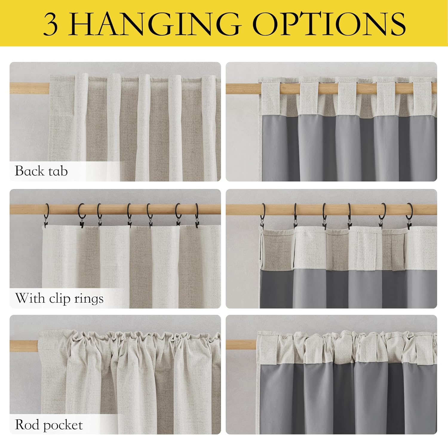 Linen-look curtains showing back tab, clip ring, rod pocket hanging styles. Light beige, grey fabrics.