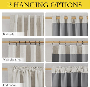 Linen-look curtains showing back tab, clip ring, rod pocket hanging styles. Light beige, grey fabrics.
