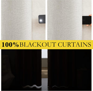 Light grey linen-textured curtain blocks flashlight for full blackout. Room dark with brown curtains closed.