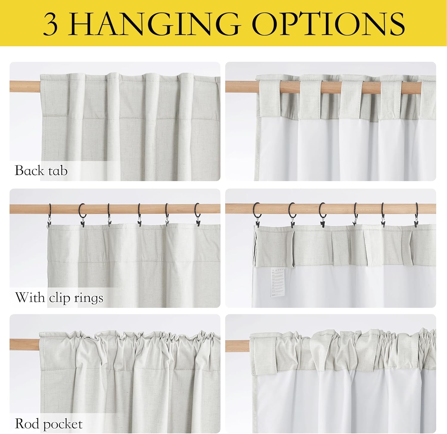 Light gray linen textured curtains demonstrating three hanging options: back tab, clip rings, and rod pocket.
