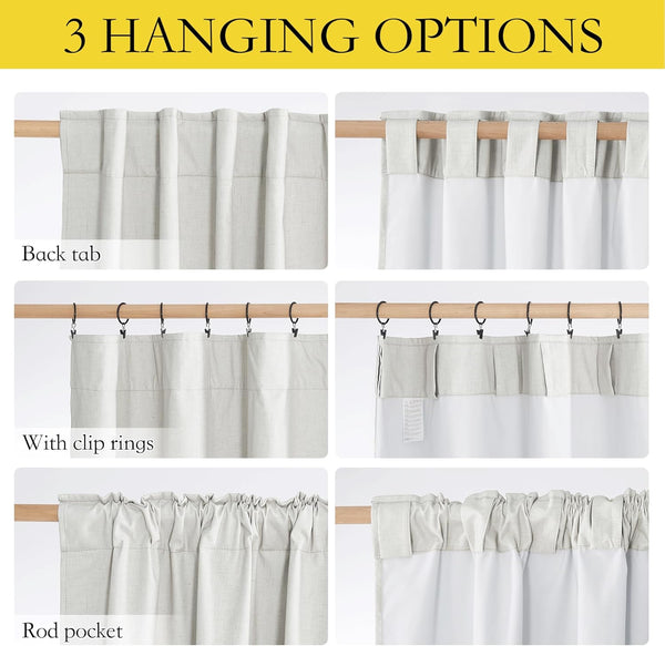 Light gray linen textured curtains demonstrating three hanging options: back tab, clip rings, and rod pocket.