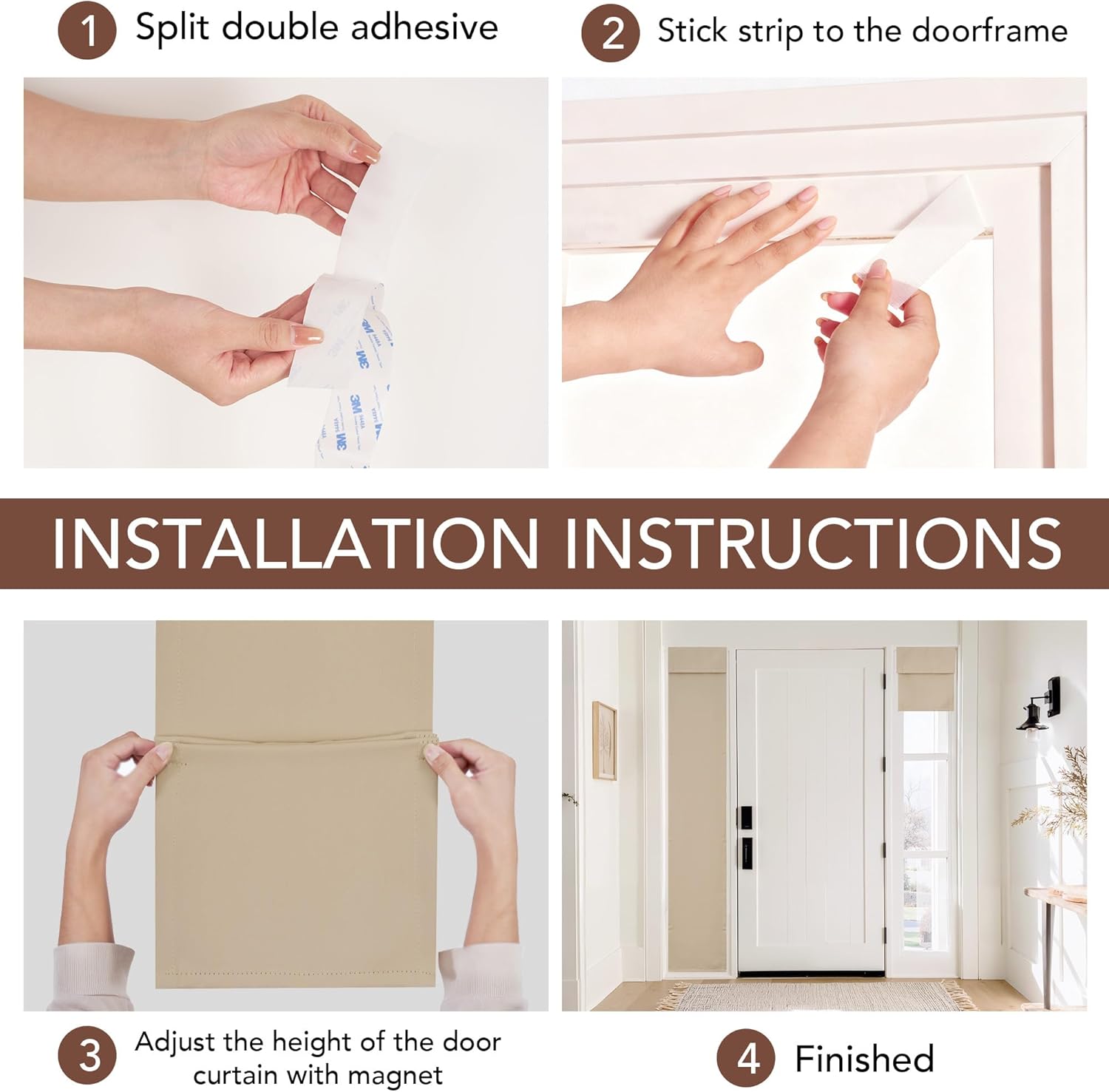 Four-step guide showing installation of a beige magnetic door curtain on a doorframe.