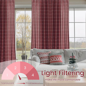 Maroon plaid blackout curtains with white checkered pattern on living room window.