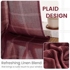 Close-up of a maroon linen blend window curtain with a rustic white plaid design.