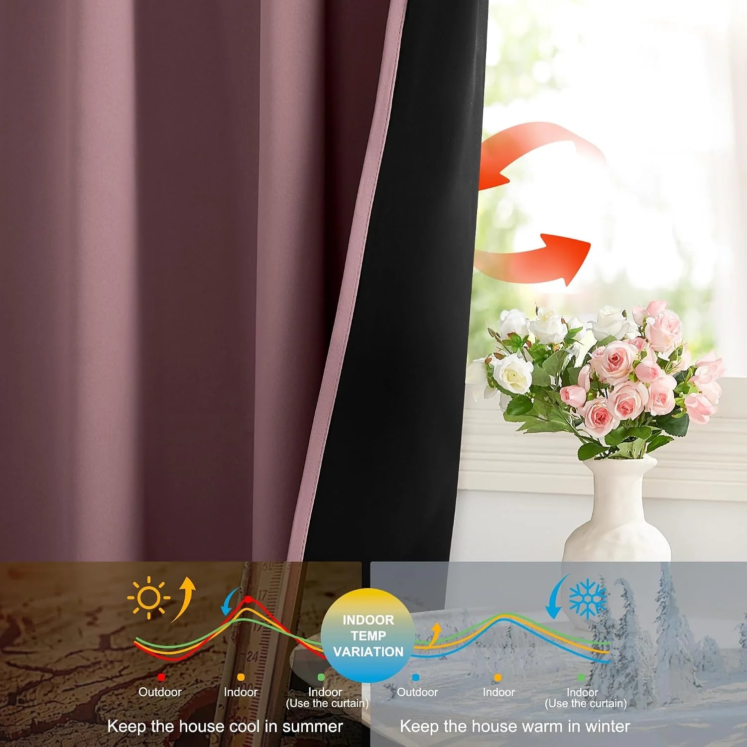 Mauve blackout curtain with black thermal lining beside a bright window and flower vase