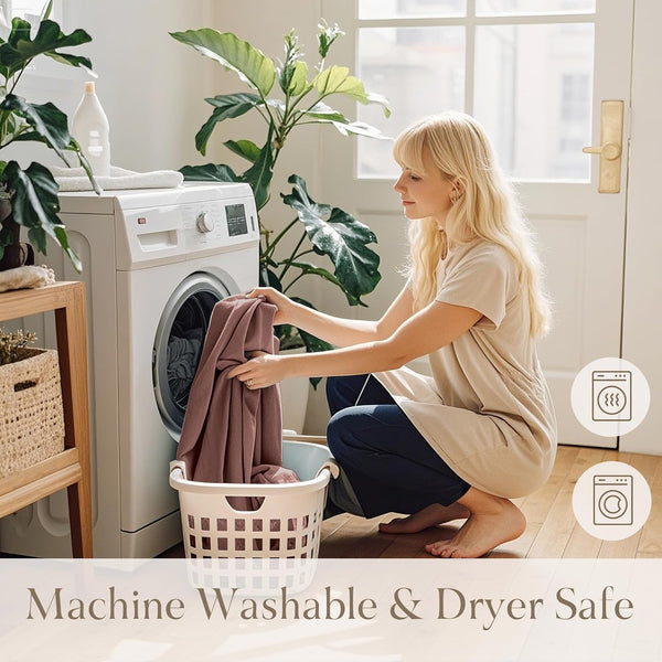 Blonde woman loads mauve fabric into washing machine, showcasing its machine washable and dryer safe features.