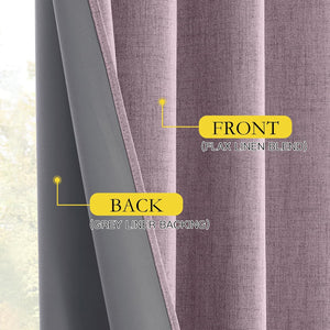 Textured mauve flax linen blend curtain front with visible opaque grey liner backing.