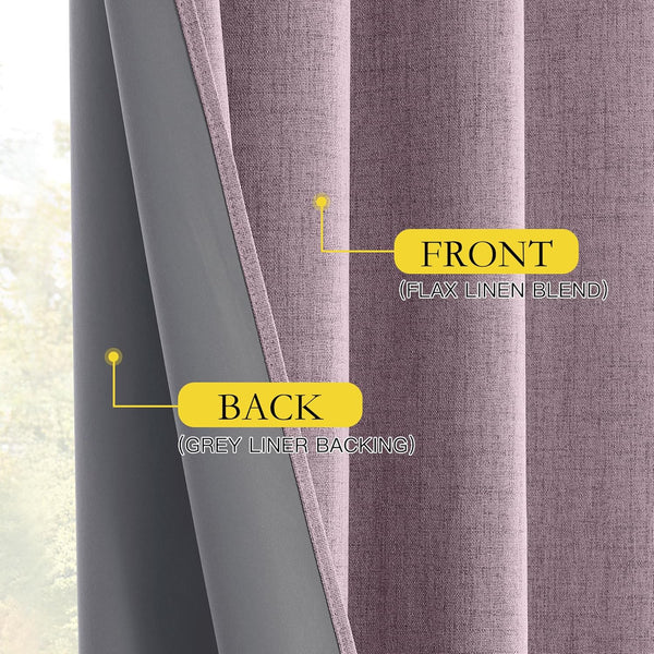 Textured mauve flax linen blend curtain front with visible opaque grey liner backing.