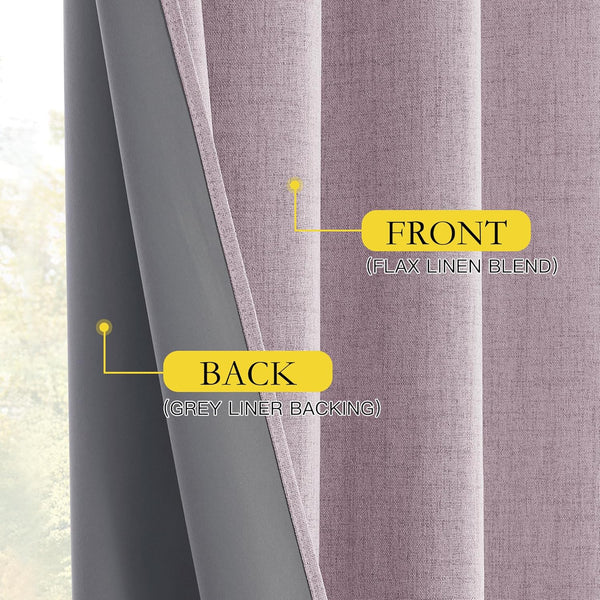 Close-up of a mauve flax linen blend curtain revealing its smooth grey liner backing, highlighting blackout functionality.