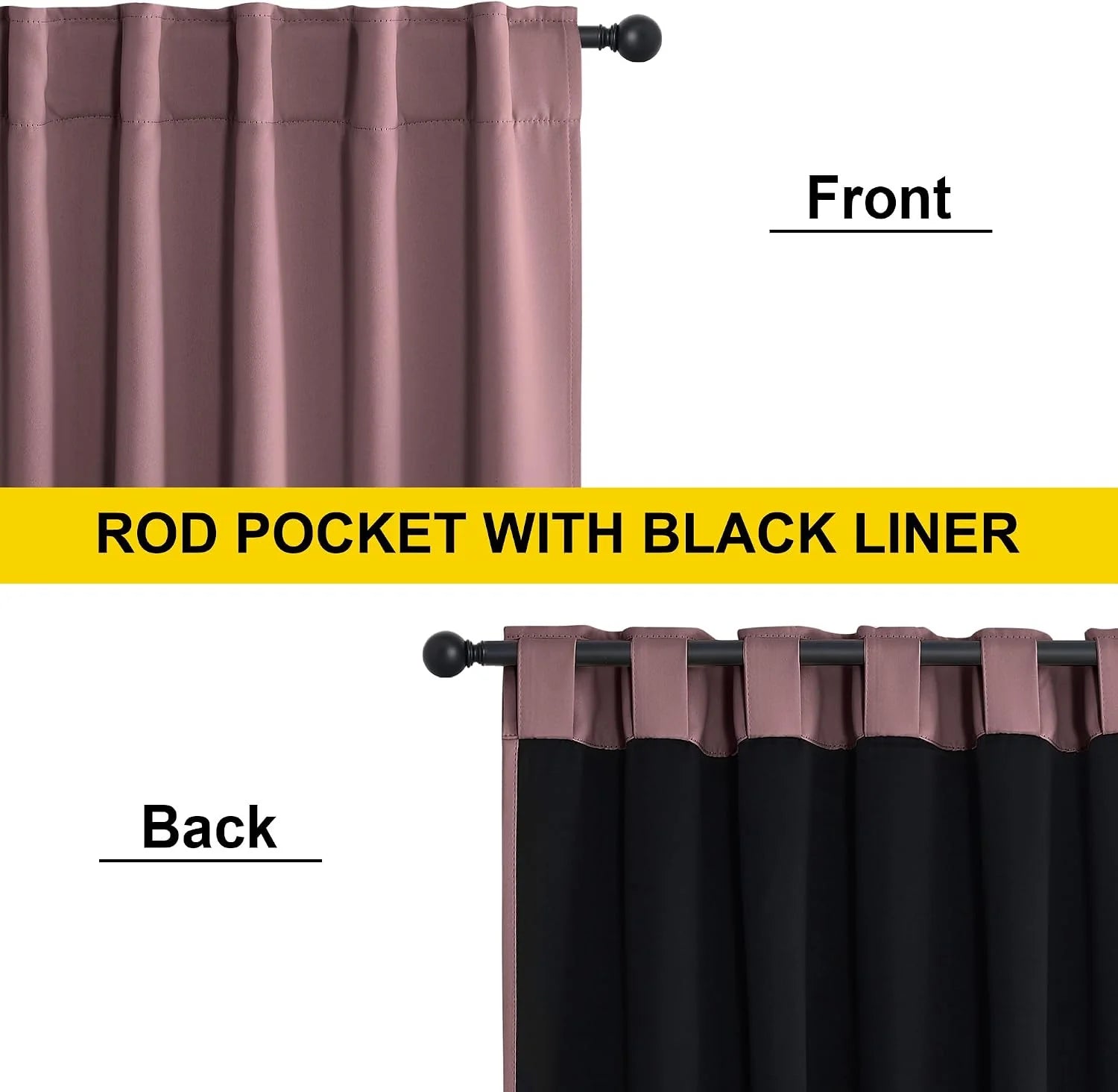 Mauve rod pocket blackout curtain panel showing front fabric and black liner back