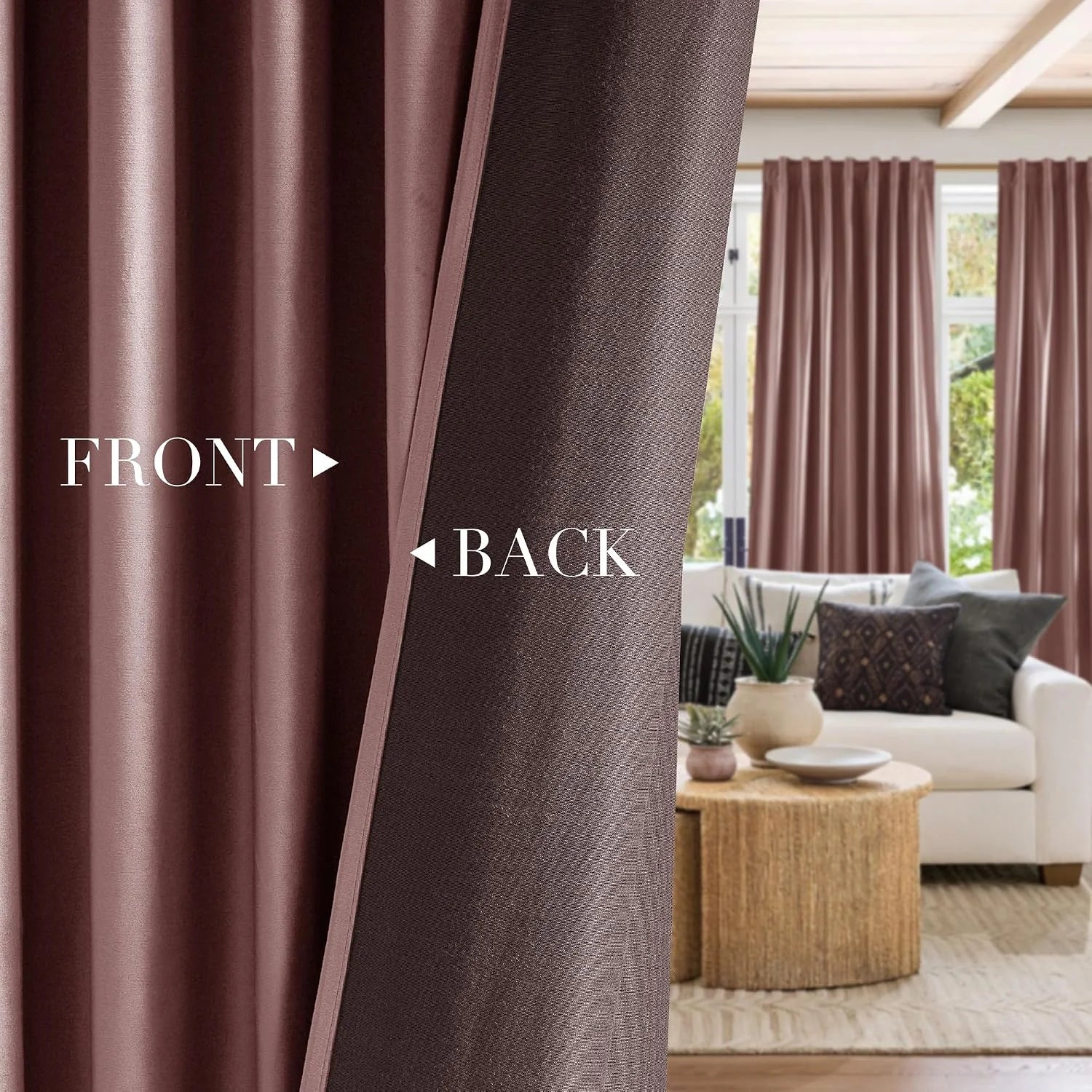 Mauve satin blackout curtains showing front and back texture in a bright living room