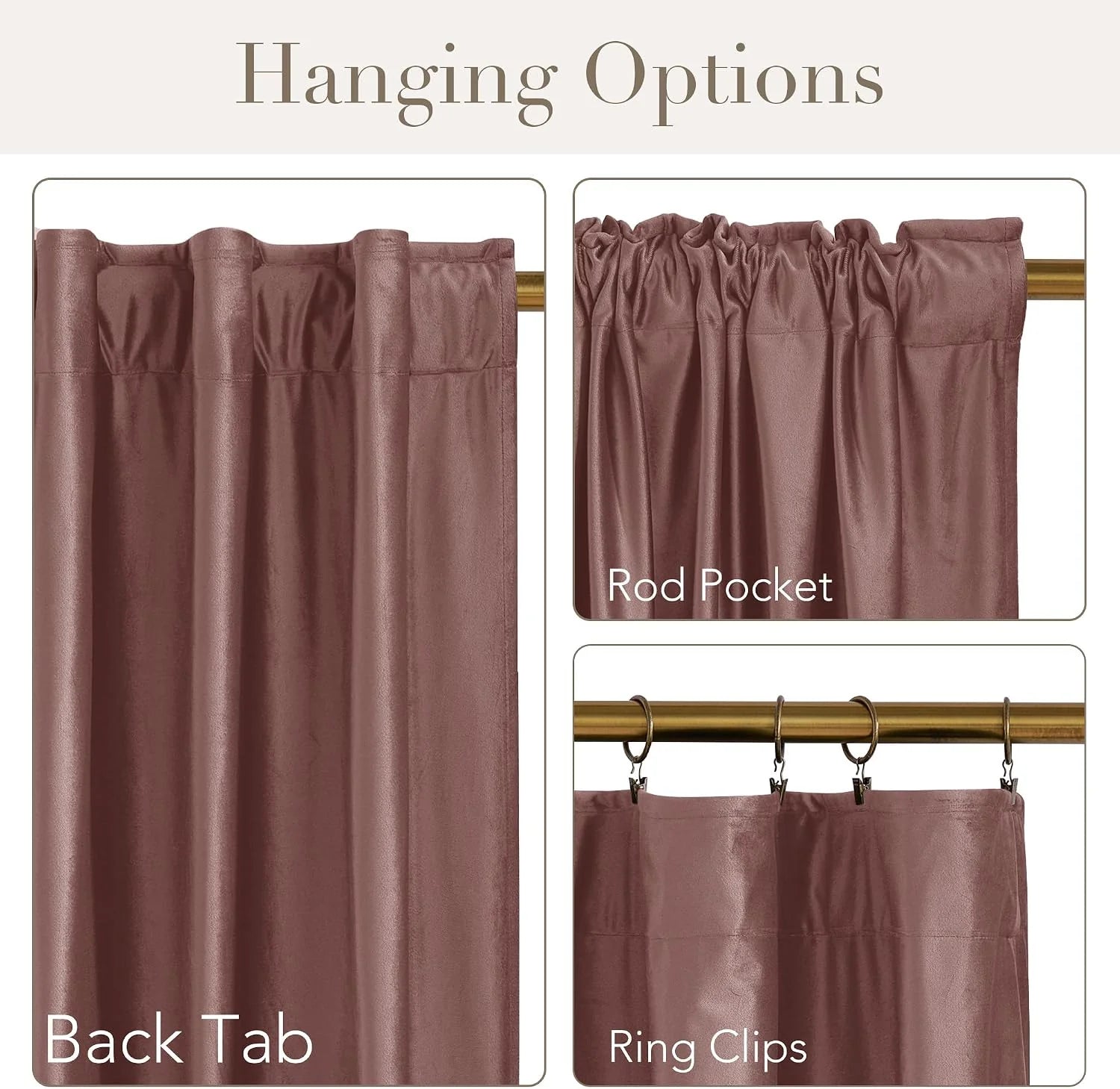Mauve satin curtain panel showing back tab, rod pocket, and ring clip hanging styles