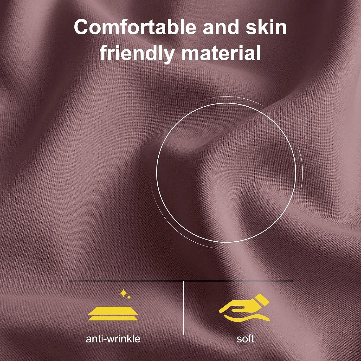 Close-up of mauve fabric with smooth soft texture and anti-wrinkle feature icons