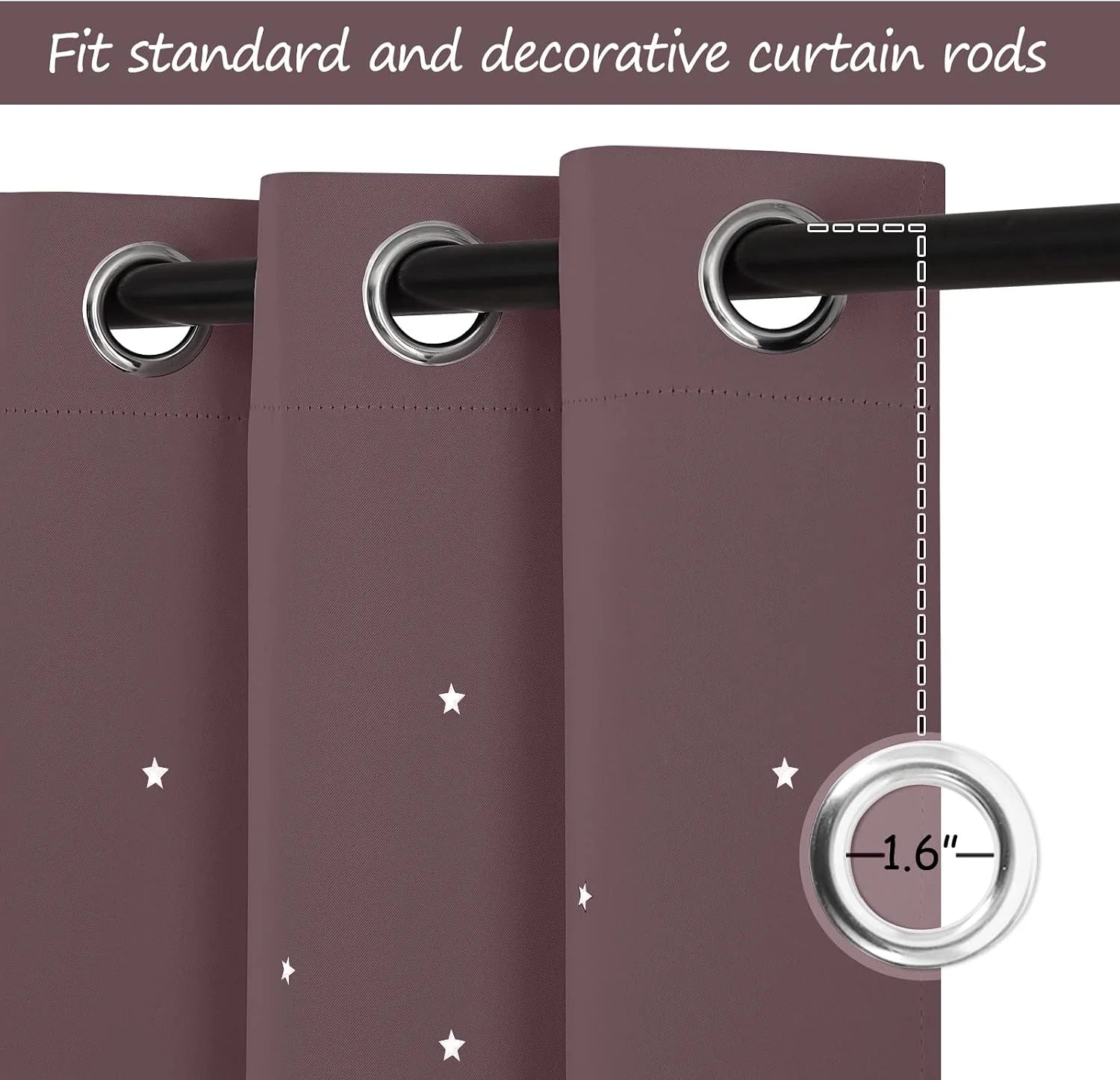 Mauve curtain panel with silver grommets and white star print on black rod