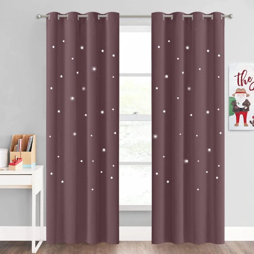 Mauve grommet curtains with white star print hanging in a modern kids room