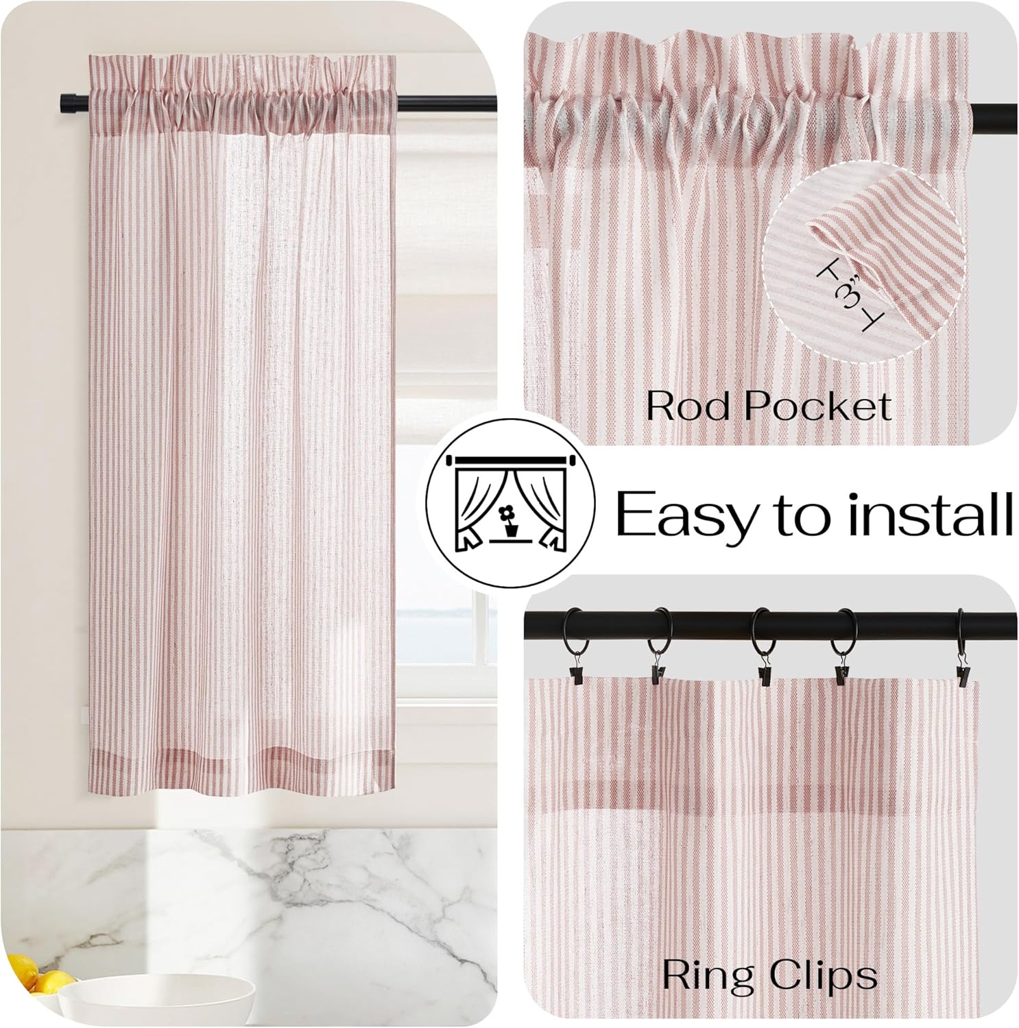 Mauve and white striped linen-look tier curtain with rod pocket and ring clip options, perfect for kitchen windows.