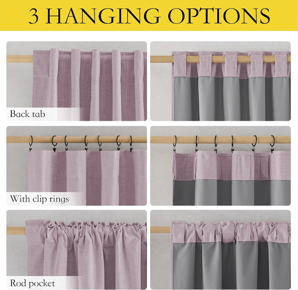 Mauve textured blackout curtains showing back tab, clip ring, and rod pocket hanging styles.