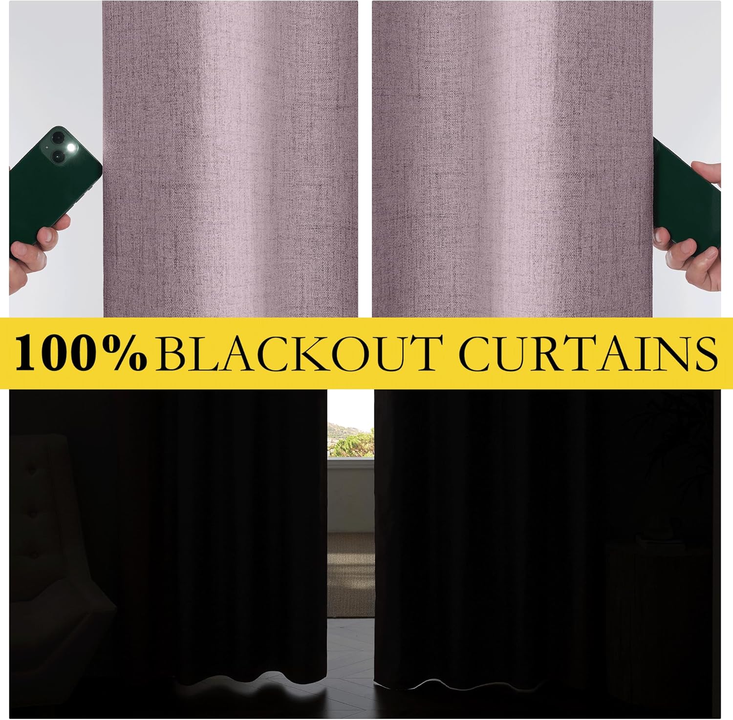 Mauve textured blackout curtains. Fabric blocks flashlight beam, then fully closed to darken a room.
