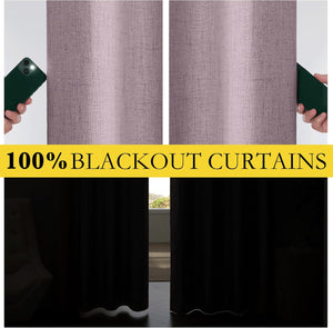 Mauve textured blackout curtains. Fabric blocks flashlight beam, then fully closed to darken a room.