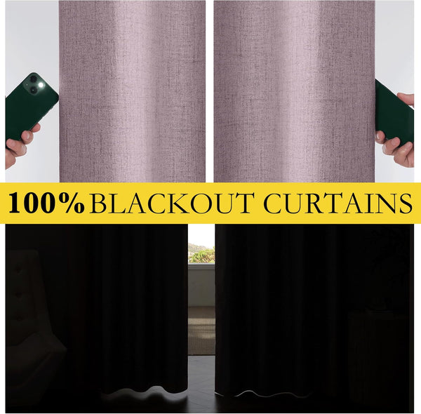 Mauve textured blackout curtains. Fabric blocks flashlight beam, then fully closed to darken a room.