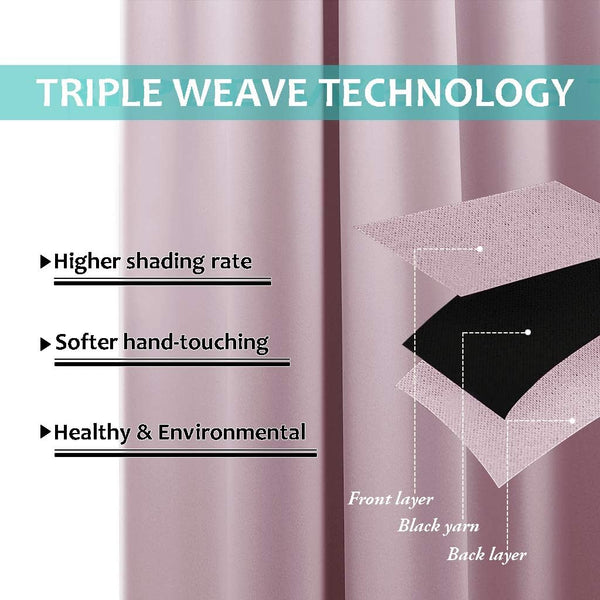 Diagram of mauve triple weave blackout curtain fabric layers, emphasizing high shading and soft texture.