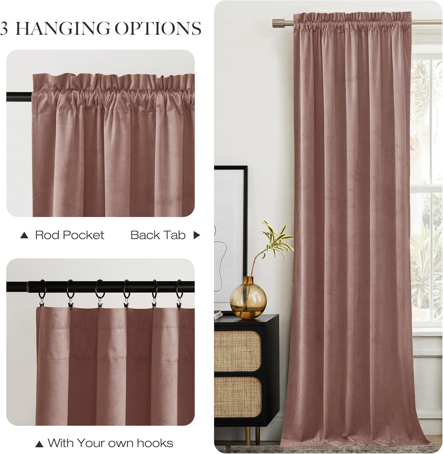Luxurious mauve velvet curtain with multiple hanging options: rod pocket, back tab, and clip rings.